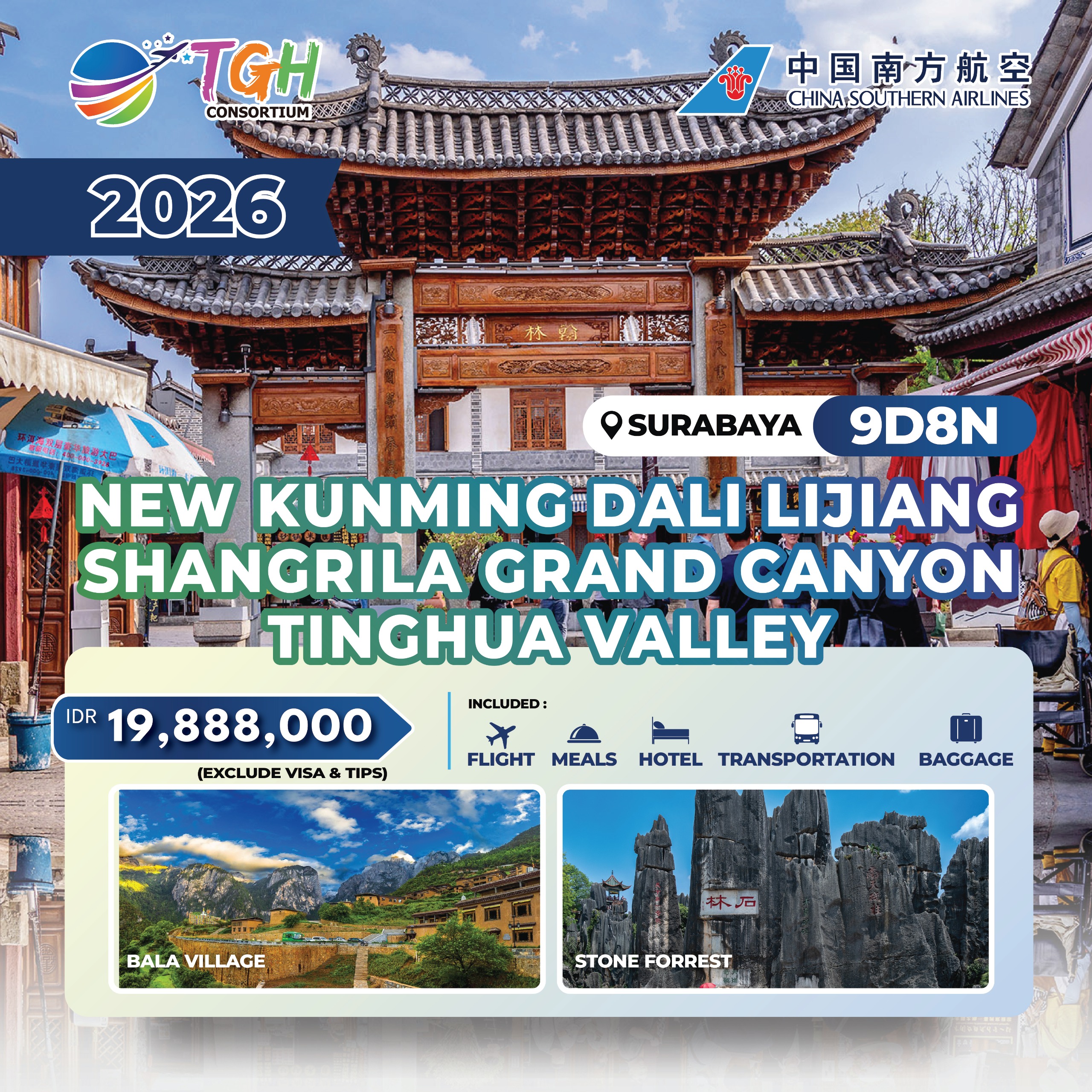 CZ - NEW KUNMING DALI LIJIANG SHANGRILA GRAND CANYON TINGHUA VALLEY 9D START SURABAYA